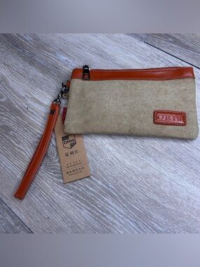 ORIS Canvas & Leather Wristlet Pouch – Beige Travel Clutch with Strap